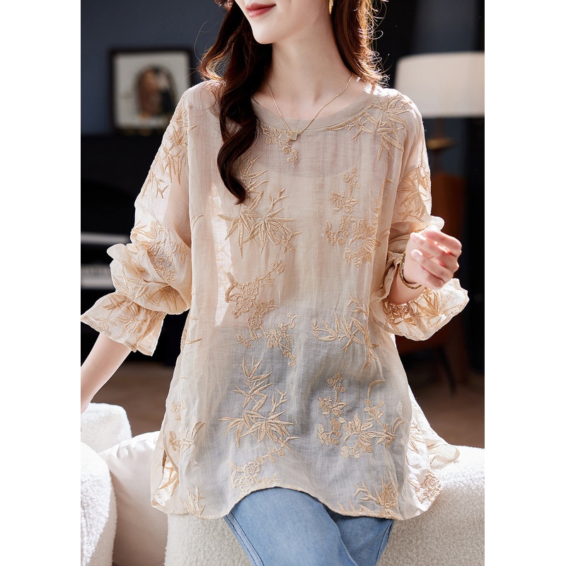 Stylish Apricot Embroidered Ramie Top Flare Sleeve