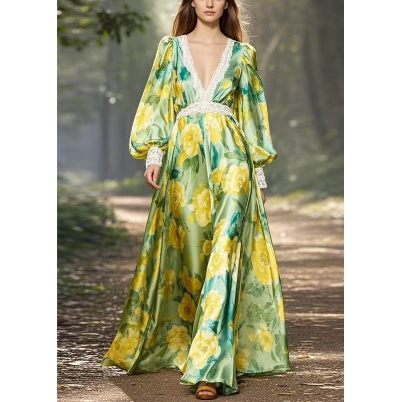 Stylish Green Print Patchwork Silk Maxi Dress V Neck Spring