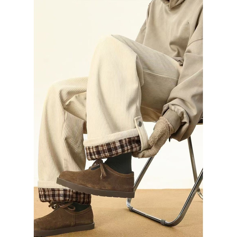 Stylish White Plaid Lace Up Warm Fleece Corduroy Mens Pants Winter