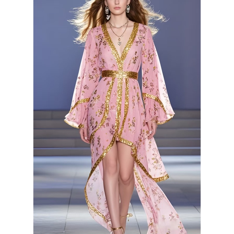 Unique Pink Asymmetrical Print Chiffon Tunic Dress Summer