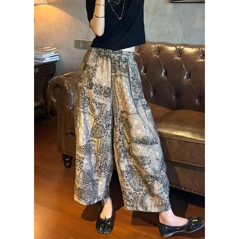 Unique Print Elastic Waist Cotton Wide Leg Pants Summer