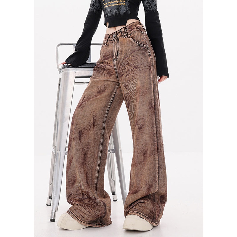 Vintage Camel Tie Dye Pockets High Waist Denim Pants Fall