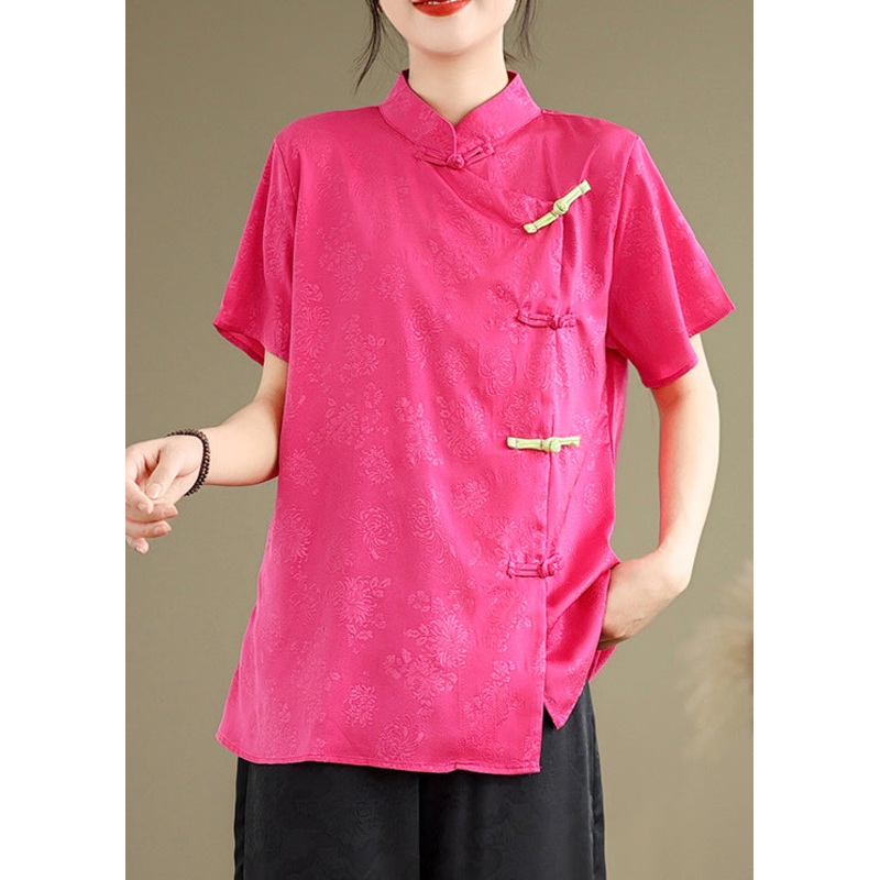 Vintage Rose Jacquard Chinese Button Silk Top Summer