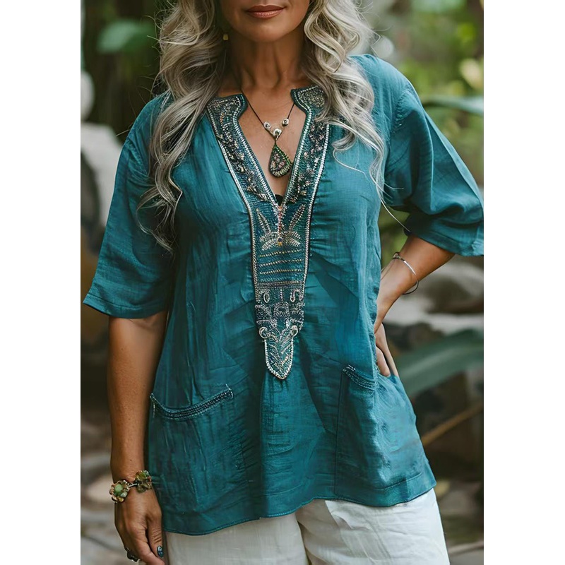 Women-Blue-V-Neck-Print-Pockets-Plus-Size-Cotton-Top-Summer