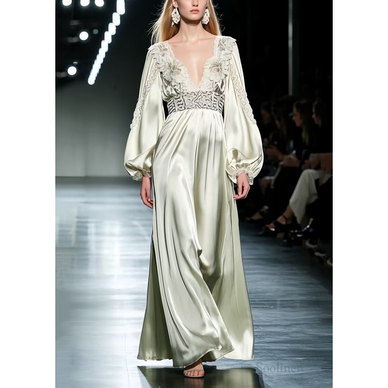 Women Light Green Deep-V Print Silk Cinched Dresses Spring