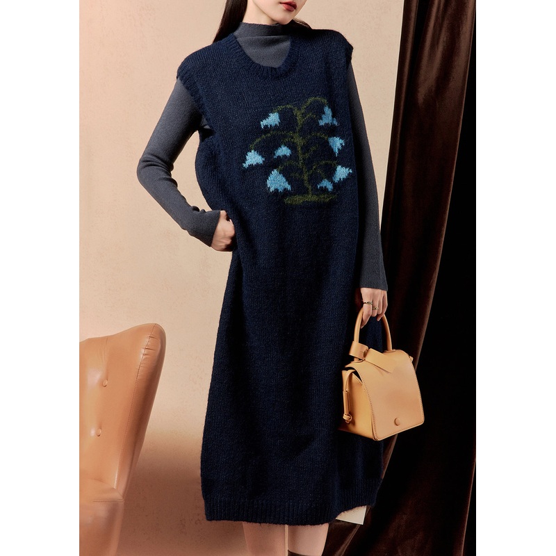 Women Navy Embroidered Cozy Knit Dress Sleeveless
