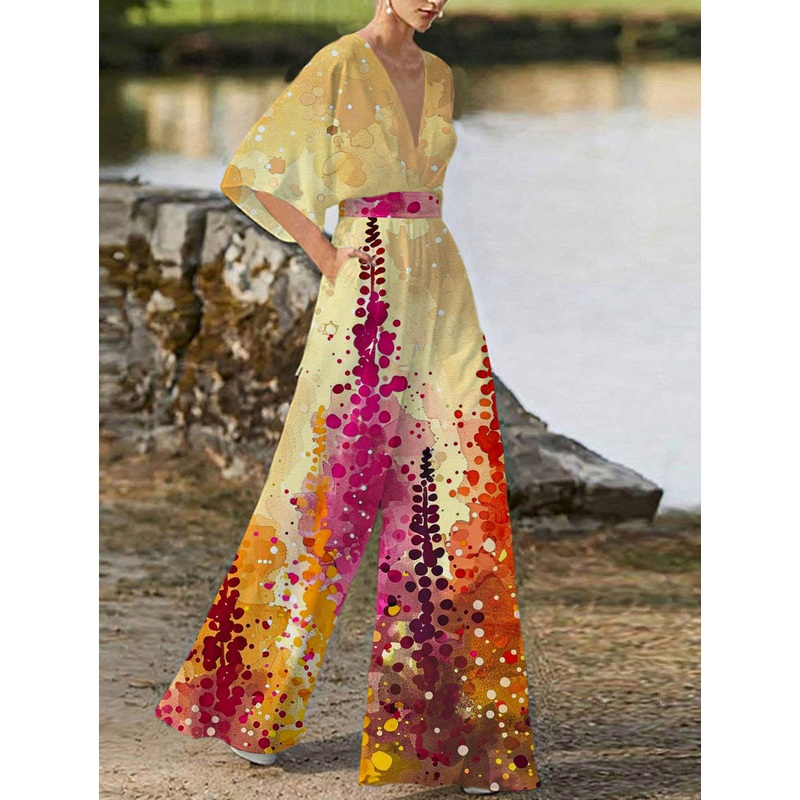 Yellow flowers point Elegant Deep V Neck Plain Half Sleeve High Waist Wide Leg Jumpsuit
