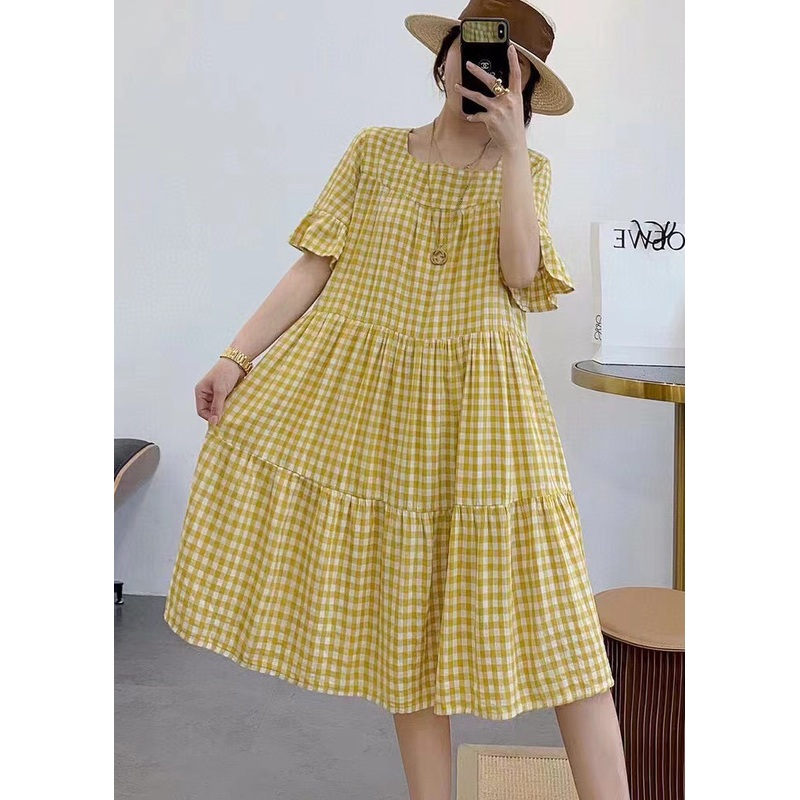Yellow Plaid Cotton Dresses Oversized Butterfly Sleeve