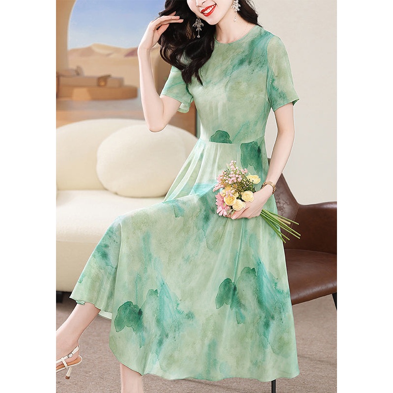 2025 New Green O Neck Print Silk Dress Summer