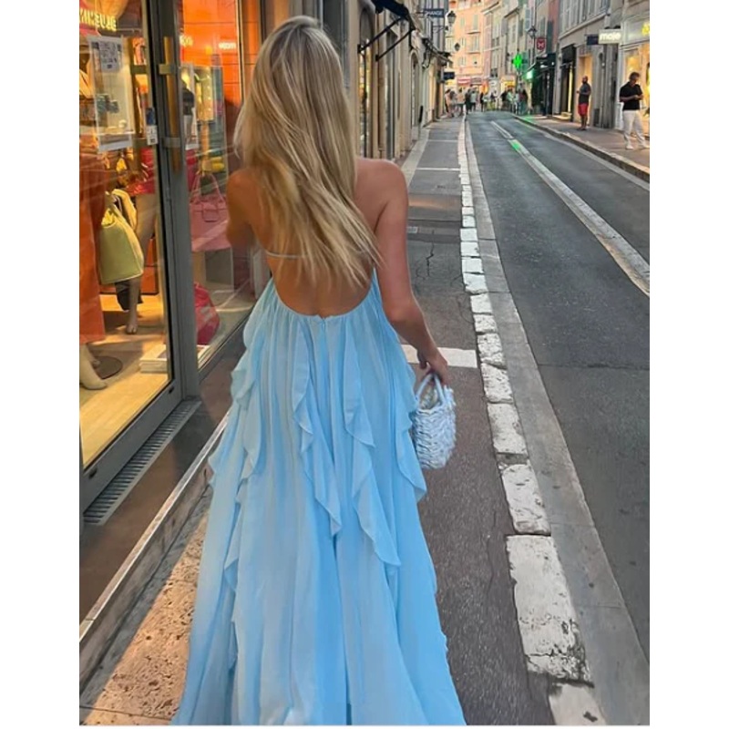 A Line Halter Blue Chiffon Backless Ruffle Prom Dresses J6108
