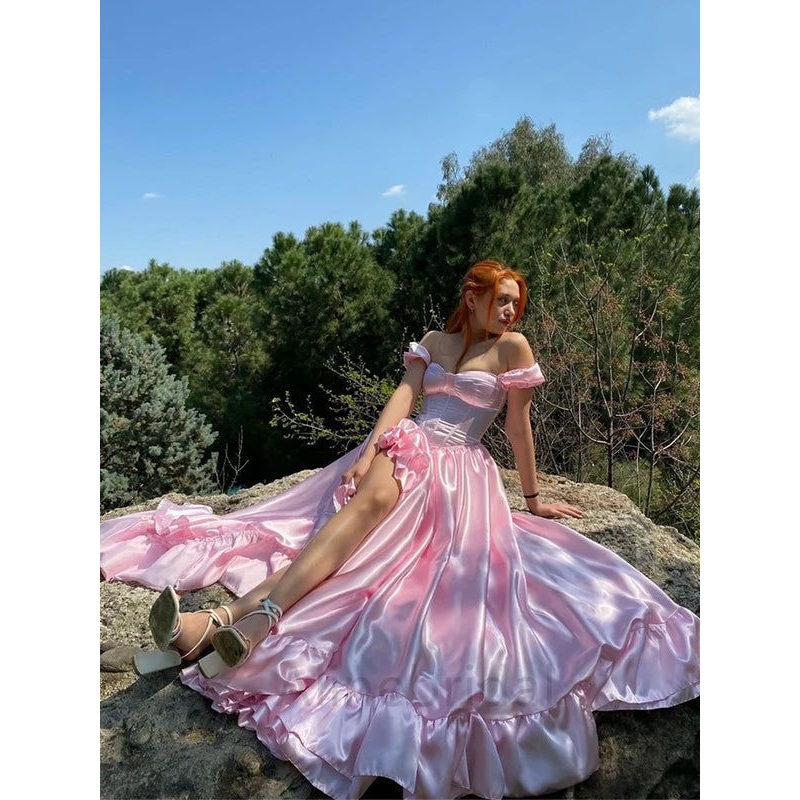 A Line Off The Shoulder Pink Satin Long Prom Dresses J5653