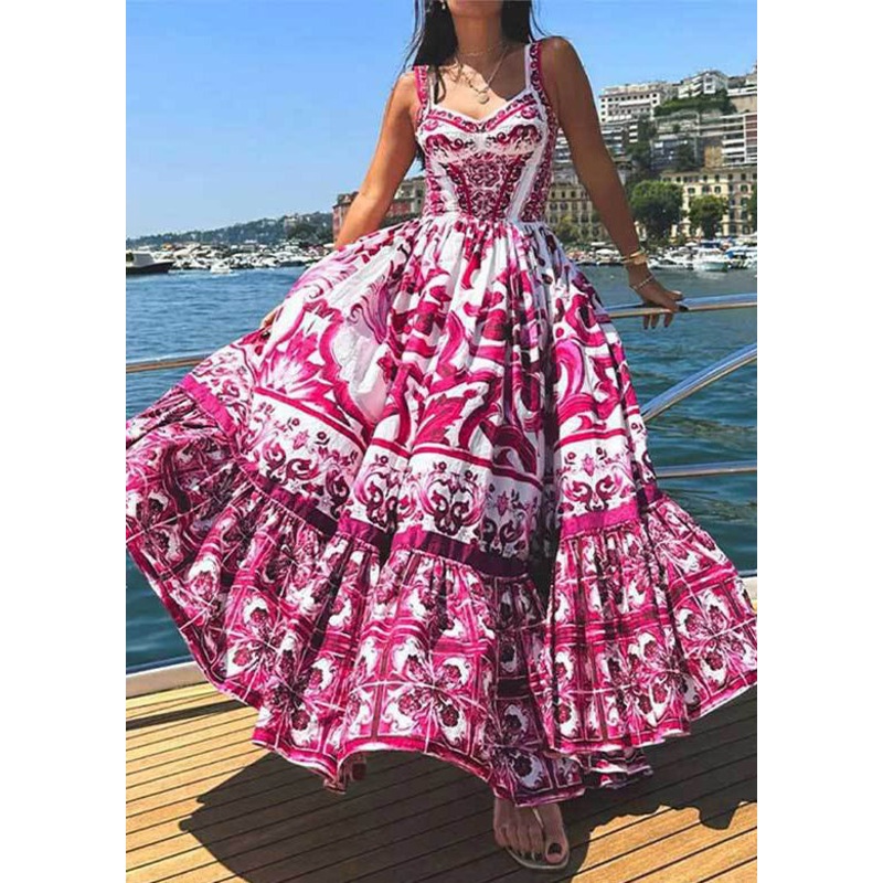 Beautiful Rose Print High Waist Cotton Spaghetti Strap Dress Sleeveless