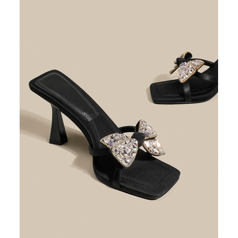 Black Bow Zircon Splicing High Heel Slide Sandals