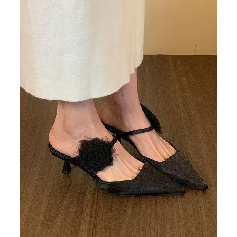 Black Floral Splicing Stiletto Slide Sandals Pointed Toe