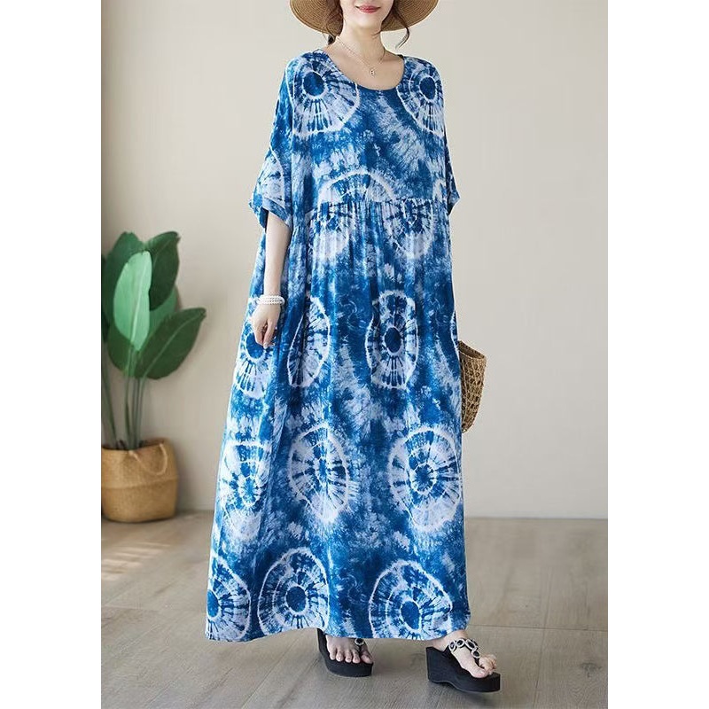 Blue Tie Dye Cotton Vacation Dresses Oversized Summer