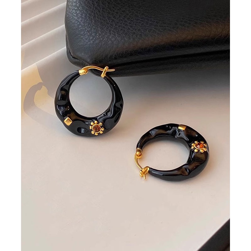 Boho Black Copper Alloy Enamel Drop Glaze C Shaped Hoop Earrings