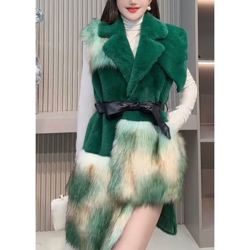 Boutique Green Asymmetrical Patchwork Faux Fur Vest Winter