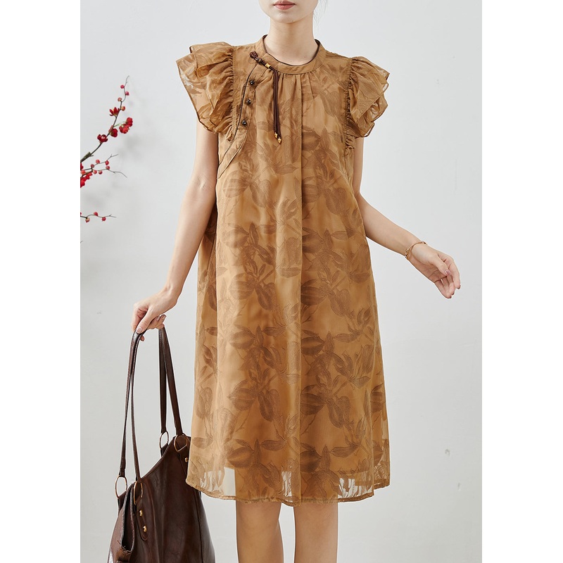 Boutique Khaki Tasseled Print Silk Day Dress Butterfly Sleeve