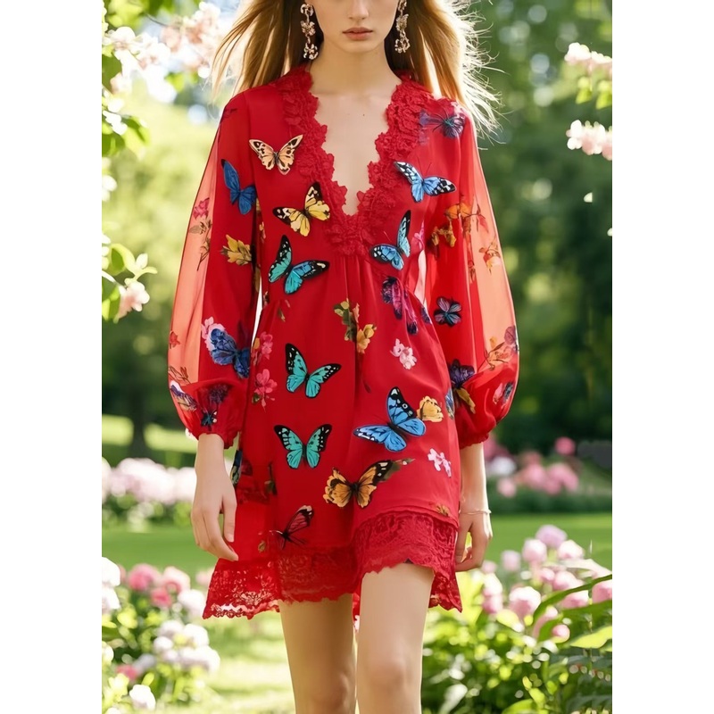Boutique Red Patchwork Lace Work Dress Multicolour Butterfly Summer