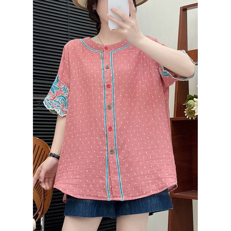 Brick Red Cotton Shirt Tops Embroidered Summer