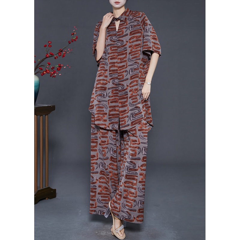 Brown Print Chiffon Two Piece Set Women Clothing Notched Summer