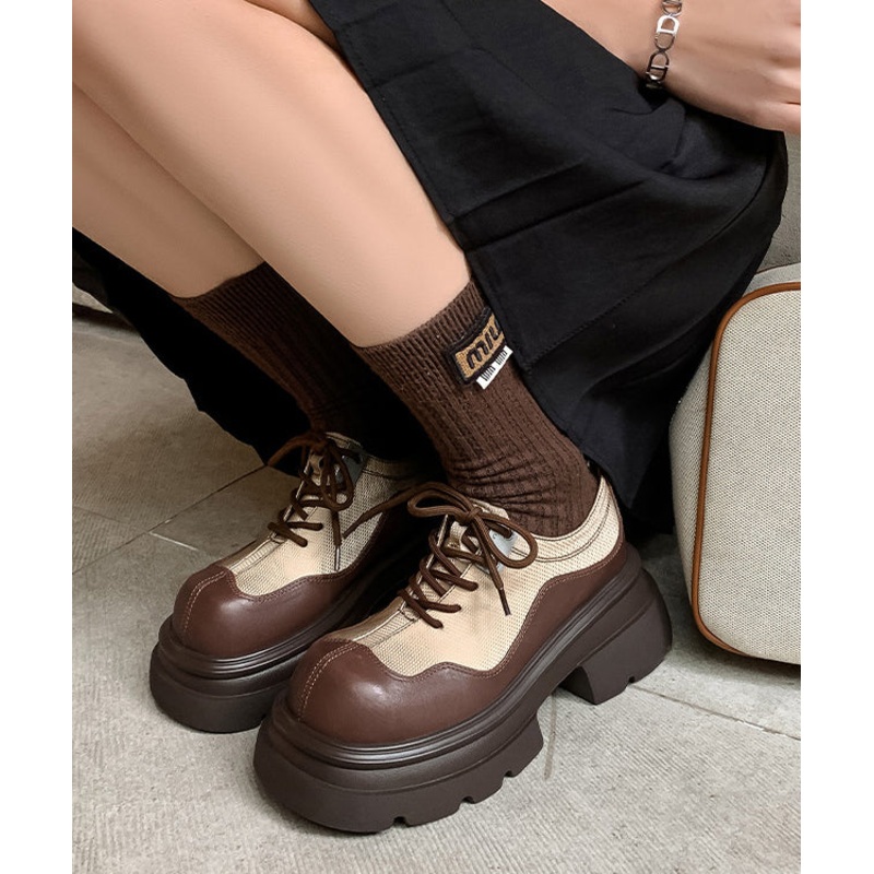 Brown Women Splicing Platform Loafers For Lace Up