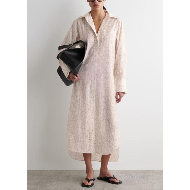 Casual Beige Oversized Print Side Open Long Shirt Dresses Spring
