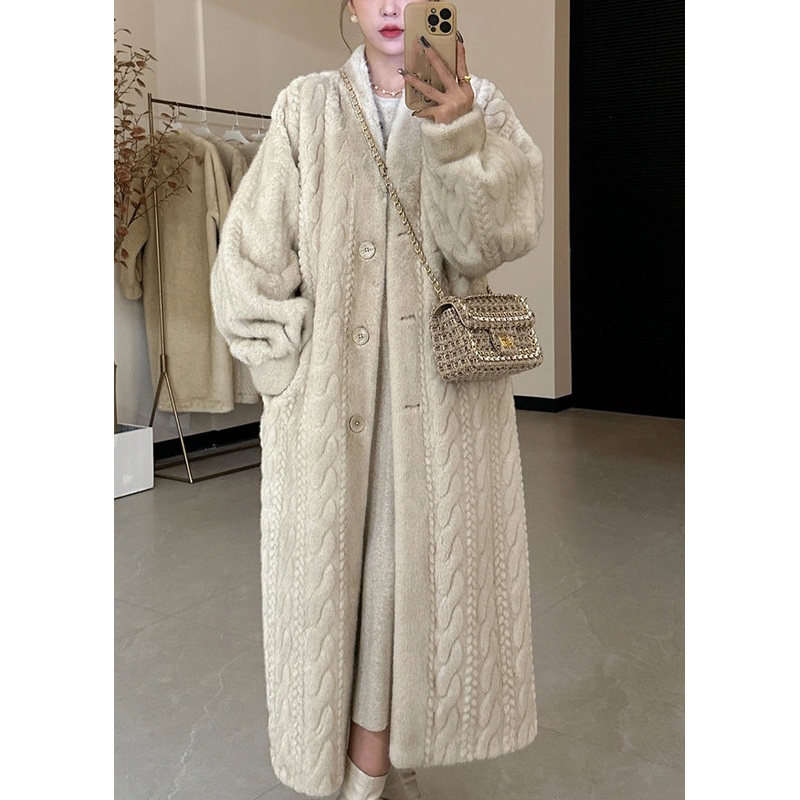Casual Beige V Neck Button Mink Hair Leather And Fur Long Coats Spring
