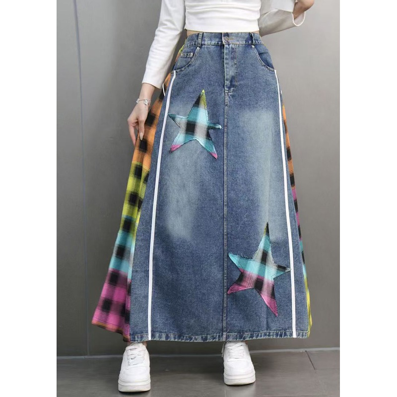 Casual Blue Plaid Patchwork patch Denim Maxi Skirts Spring