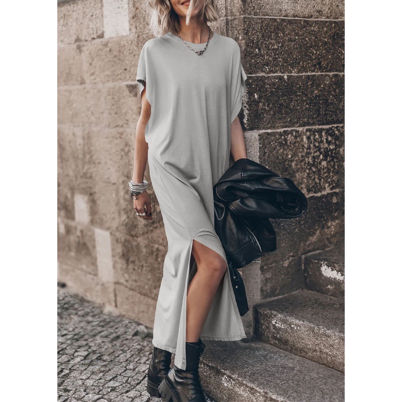 Casual Light Grey O Neck Side Open Cotton Long Dress Summer