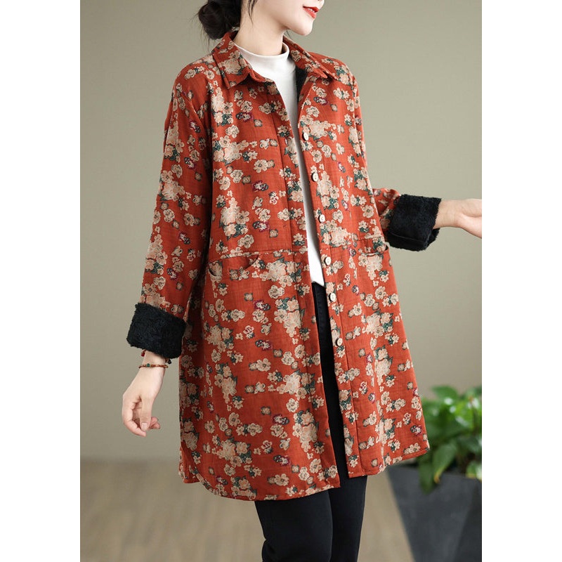 Casual Orange Peter Pan Collar Print Warm Fleece Shirts Coat Spring