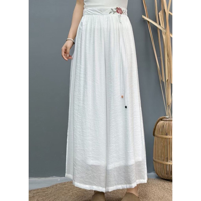 Casual White Embroidered Side Open Linen Wide Leg Pants Summer