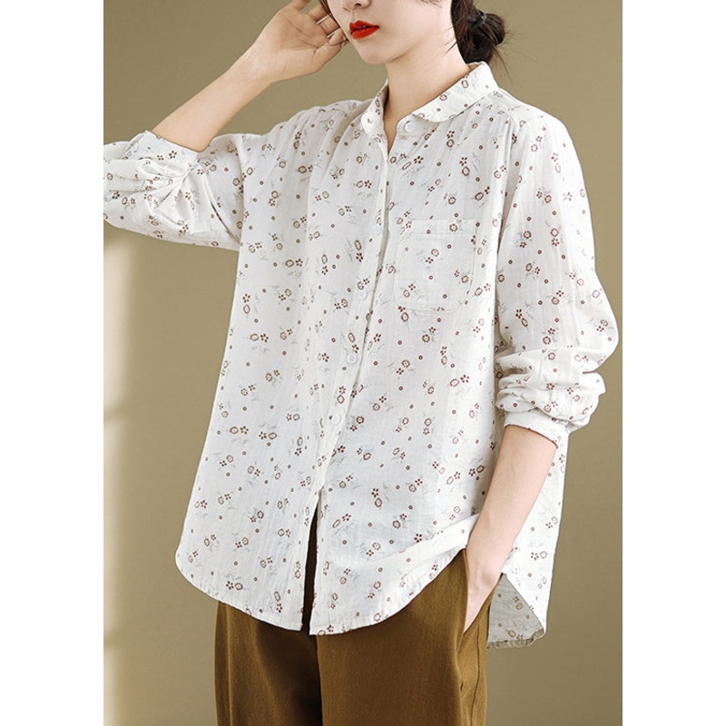 Casual White Peter Pan Collar Print Cotton Shirts Top Spring