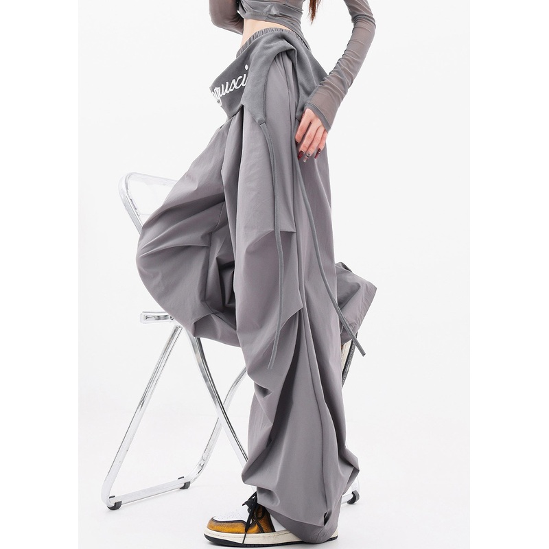 Chic Grey Pockets Wrinkled Cotton Wide Leg Pants Fall