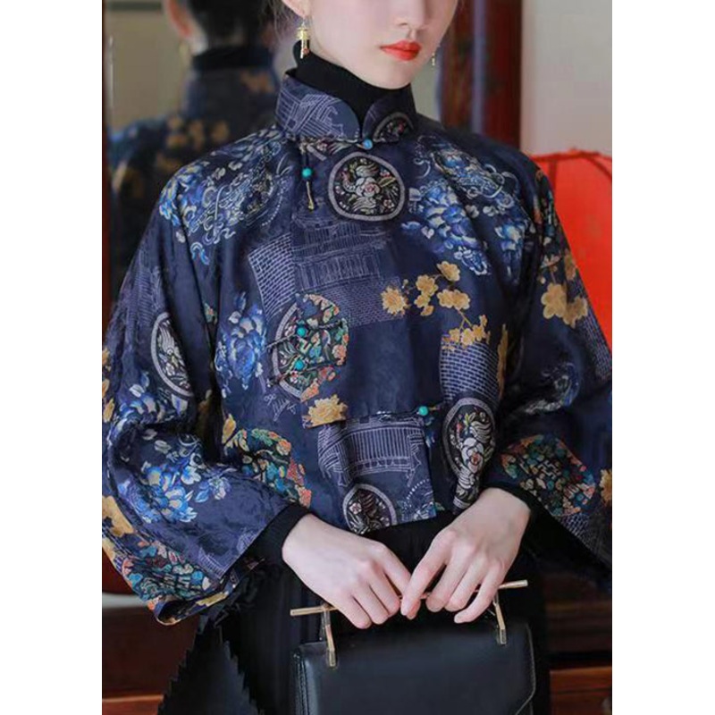 Chinese Style Blue Stand Collar Print Silk Shirts Spring