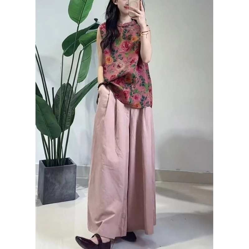 Chinese Style Rose Print Tops And Pink Pockets Pants Cotton Two Piece Set Sleeveless