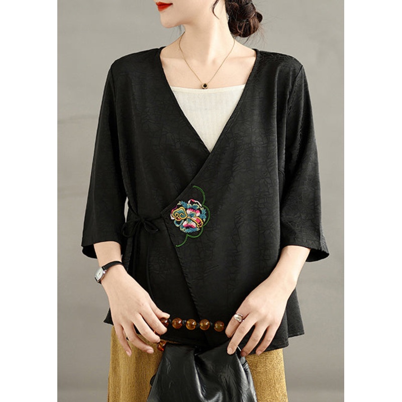 Classy Black Tunic Embroidered Silk Top Summer