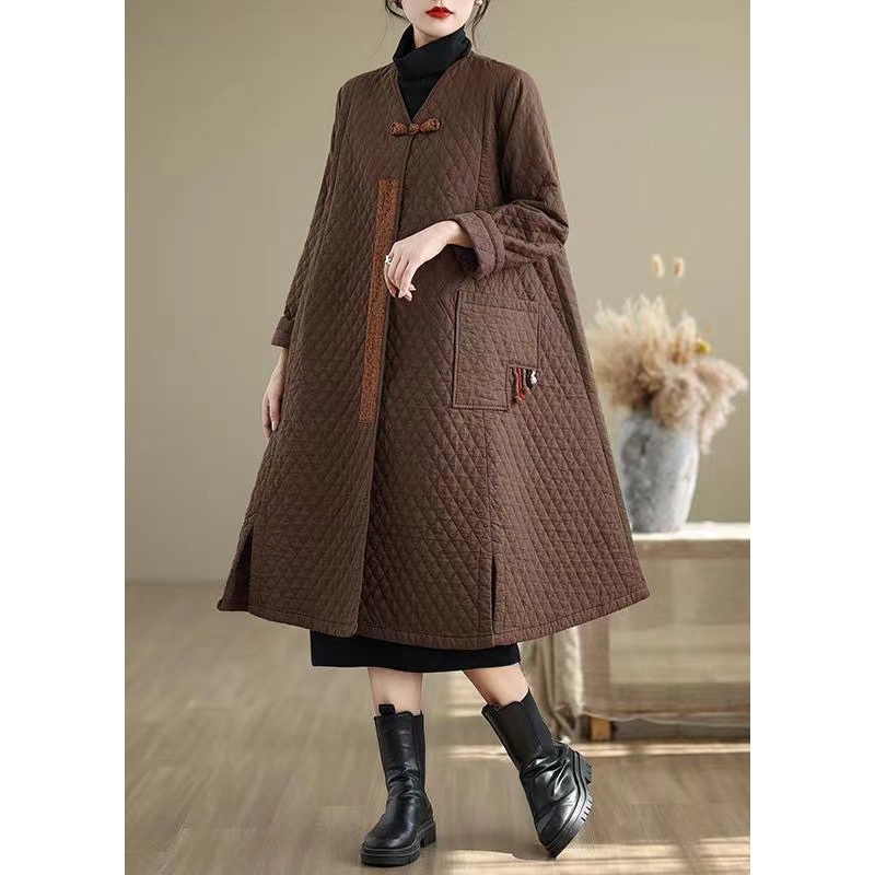 Coffee Pockets Fine Cotton Filled Women Retro Coats V Neck Winter