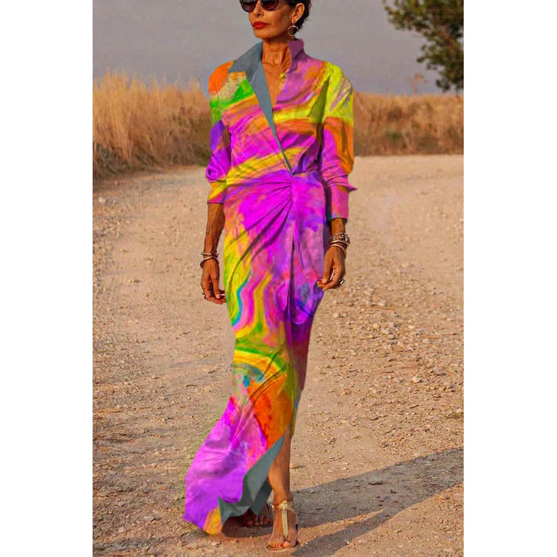 Color texture Satin Wrap Shirt Maxi Dress