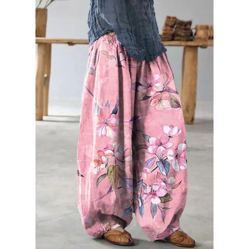 diy linen clothes For Women Korea Pink flowers Retro Soft Comfortable Loose Bloomers