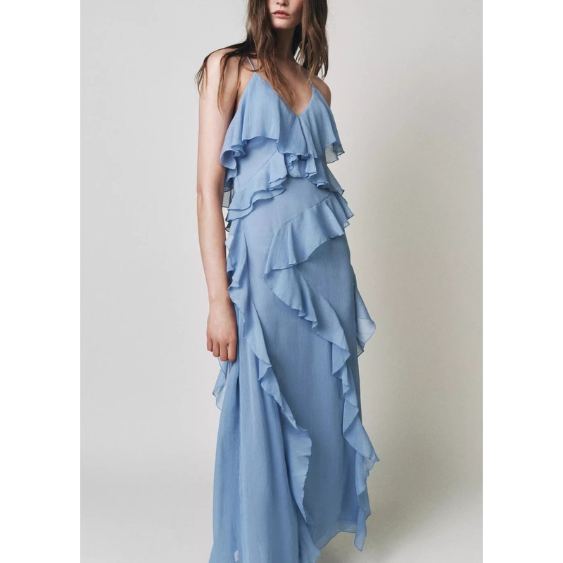 Elegant Blue V Neck Ruffled Chiffon Spaghetti Strap Dress Sleeveless