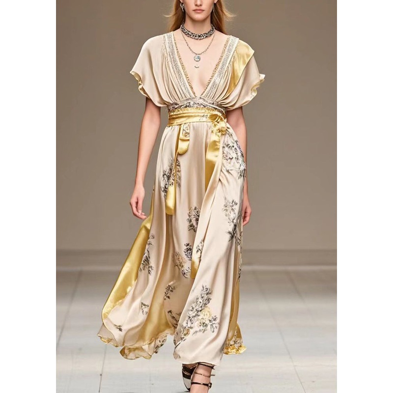 Elegant Champagne Cinched Patchwork Print Silk Robe Dresses Summer