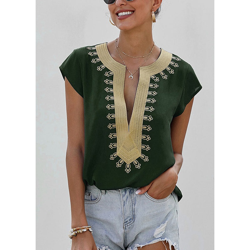 Elegant Green V Neck Patchwork Shirts Summer