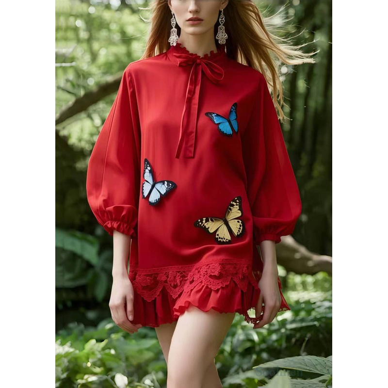 Elegant Red Tie Collar Butterfly Cotton Day Dress Summer