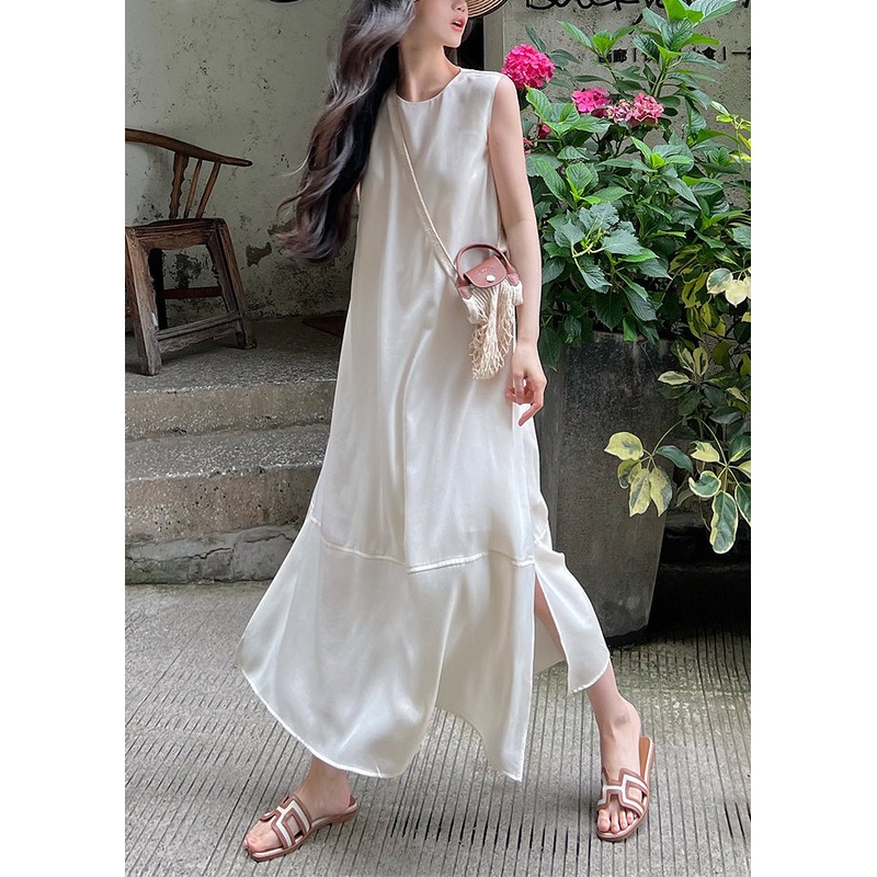Elegant White O-Neck Side Open Silk Long Dress Sleeveless