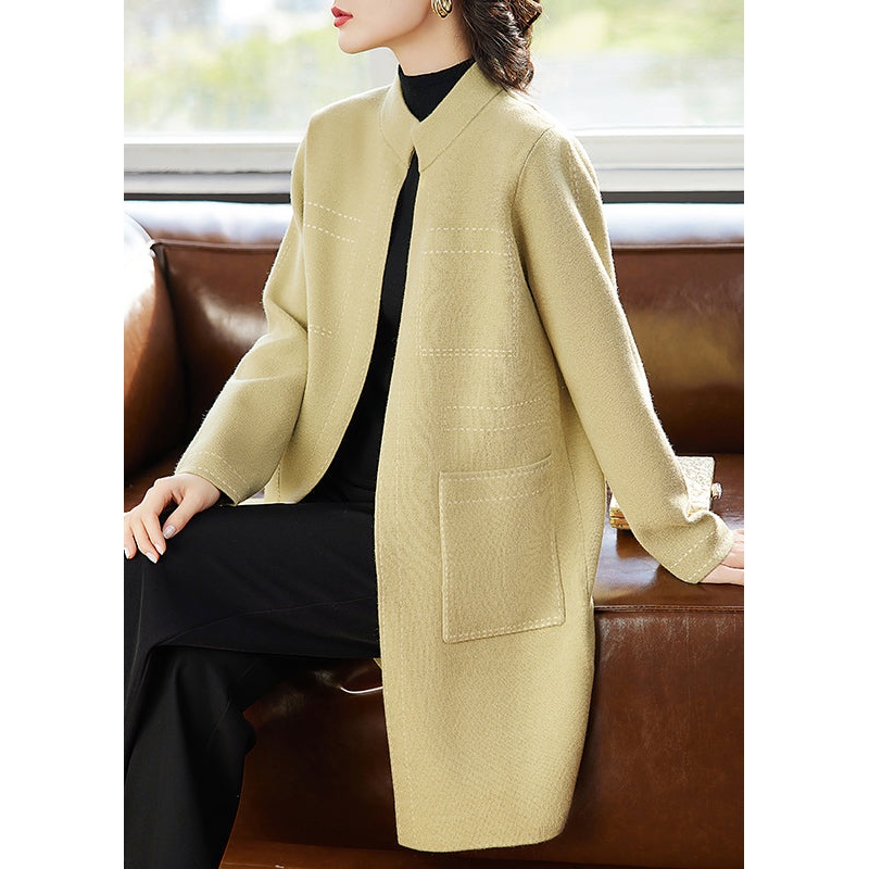 Elegant Yellow Stand Collar Pockets Woolen Cardigan Spring