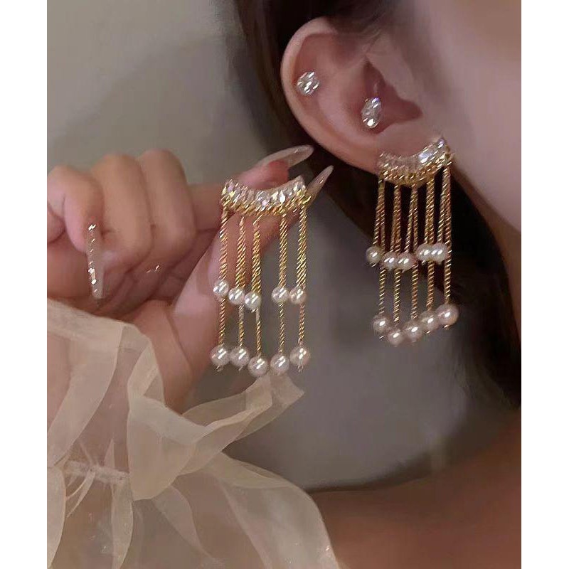 Fashion Gold Copper Overgild Pearl Tassel Drop Earrings