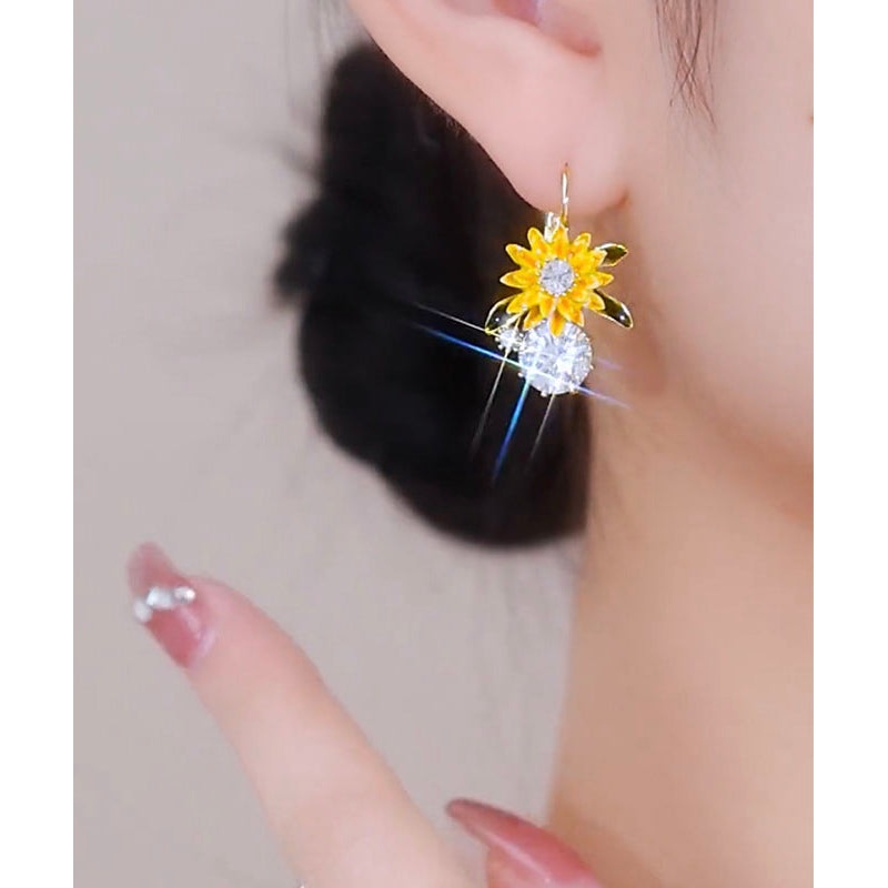 Fashion Gold Copper Overgild Zircon Sunflower Drop Earrings