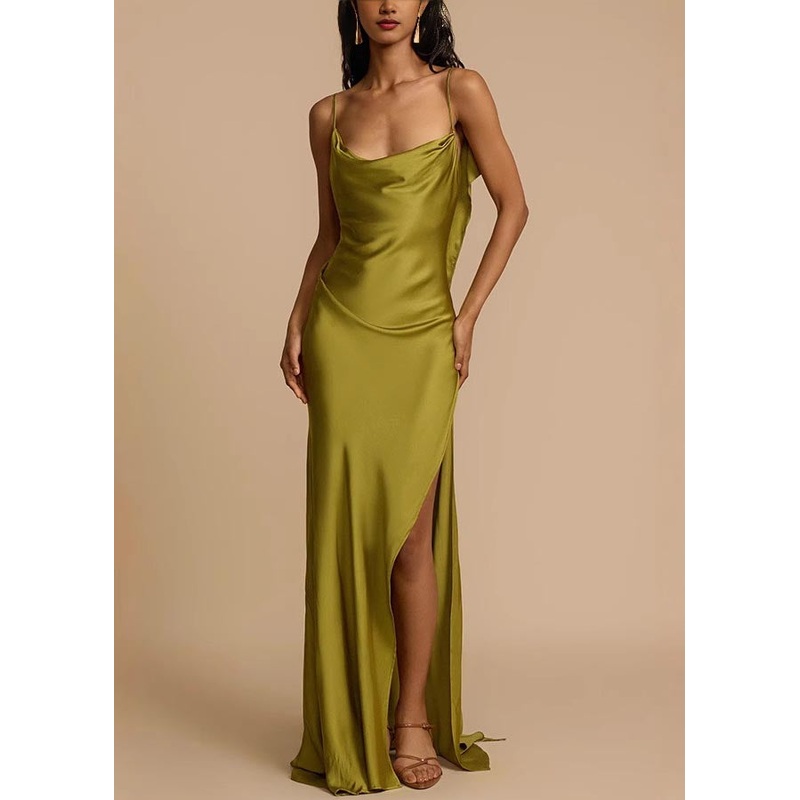 Fashion Green Backless Side Open Silk Cami Dress Summer