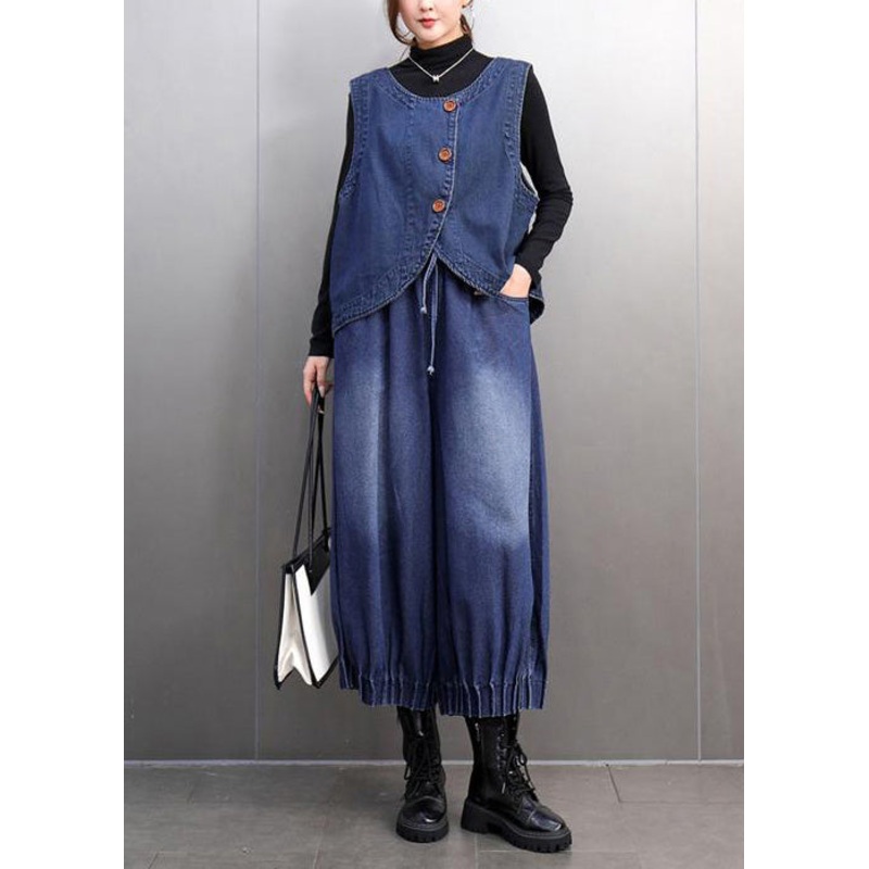 Fashion Navy Oversized Denim Vests And Harem Pants Two Pieces Set Summer